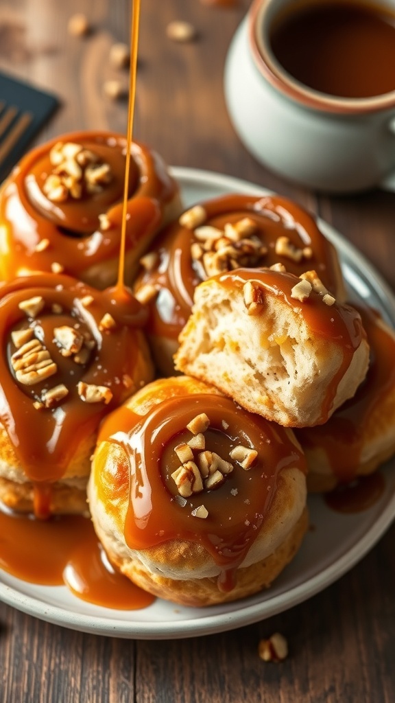 Warm sticky buns with caramel sauce and nuts on a rustic plate.